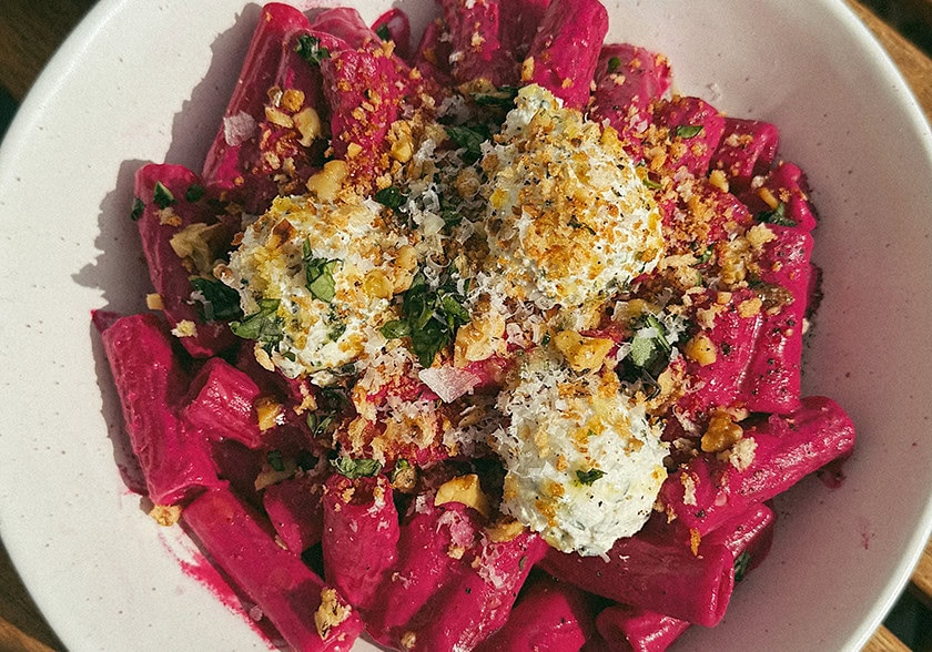 Creamy Beet Pasta with Walnut Breadcrumbs and Ricotta