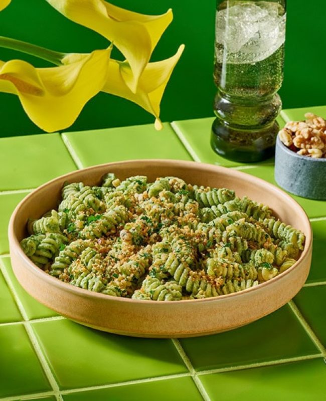 Creamy Walnut Ricotta and Greens Pasta with Walnut Breadcrumbs