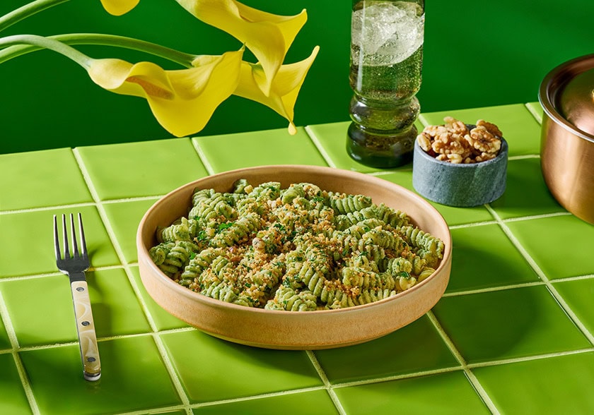 Creamy Walnut Ricotta and Greens Pasta with Walnut Breadcrumbs