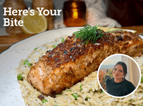 Walnut Crusted Salmon with Lemony Orzo & Snap Peas