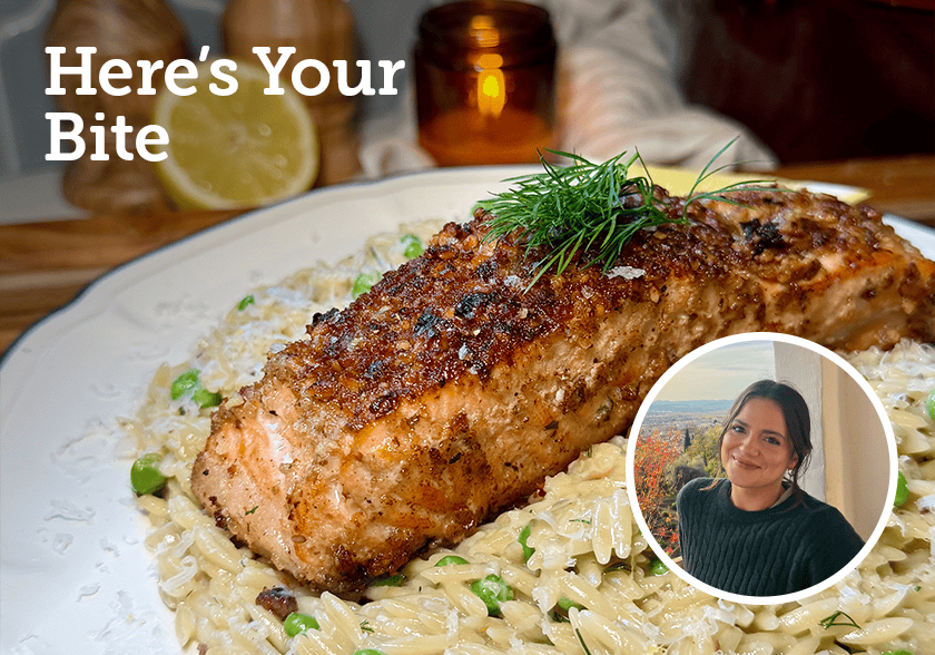 Walnut Crusted Salmon with Lemony Orzo & Snap Peas