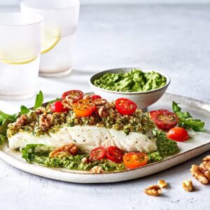 California Walnut Panko Crusted Halibut with Arugula Pesto and Herbed Tomatoes (Foodservice)