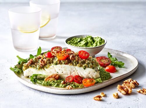 California Walnut Panko Crusted Halibut with Arugula Pesto and Herbed Tomatoes (Foodservice)