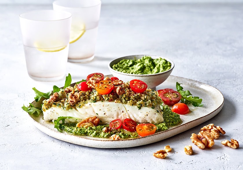 California Walnut Panko Crusted Halibut with Arugula Pesto and Herbed Tomatoes (Foodservice)