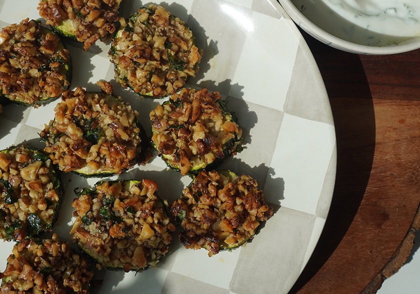 Crispy Walnut & Herb Crusted Zucchini Coins