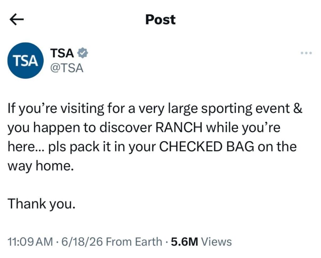 TSA Tweet about ranch dressing
