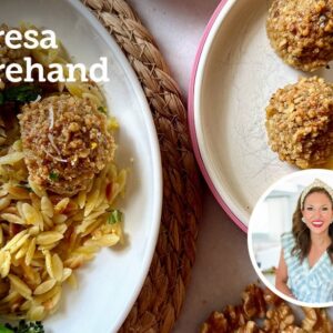 Honey-Dijon Walnut-Crusted Chicken Meatballs with Creamy Lemon Parmesan Orzo & Roasted Broccoli