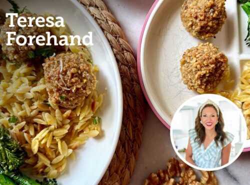 Honey-Dijon Walnut-Crusted Chicken Meatballs with Creamy Lemon Parmesan Orzo & Roasted Broccoli