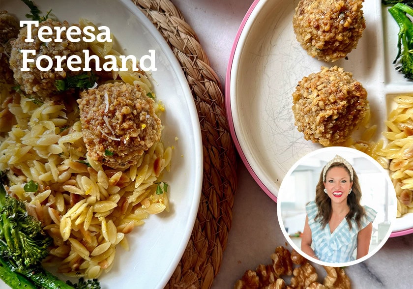 Honey-Dijon Walnut-Crusted Chicken Meatballs with Creamy Lemon Parmesan Orzo & Roasted Broccoli