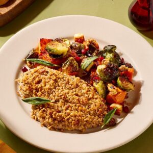 Walnut-Crusted Chicken Sheet Pan Dinner with Crispy Halloumi & Fresh Veggies