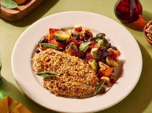 Walnut-Crusted Chicken Sheet Pan Dinner with Crispy Halloumi & Fresh Veggies