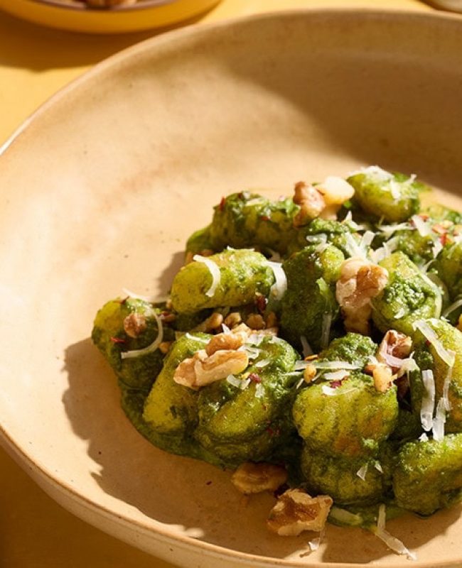 Crispy Gnocchi with Creamy Kale-Walnut Sauce
