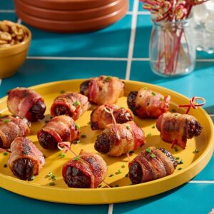 Bacon Wrapped Walnut Stuffed Dates with Maple Chili Glaze