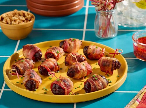 Bacon Wrapped Walnut Stuffed Dates with Maple Chili Glaze
