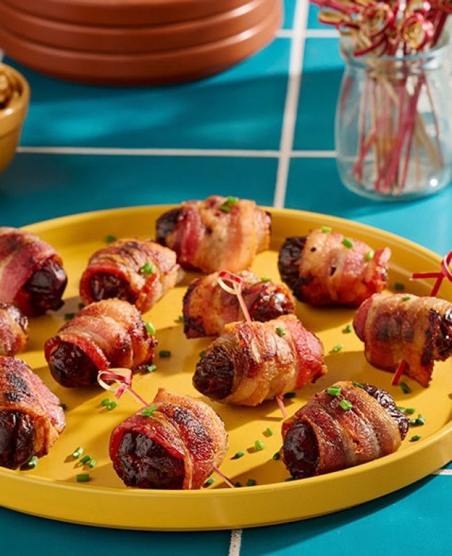Bacon Wrapped Walnut Stuffed Dates with Maple Chili Glaze