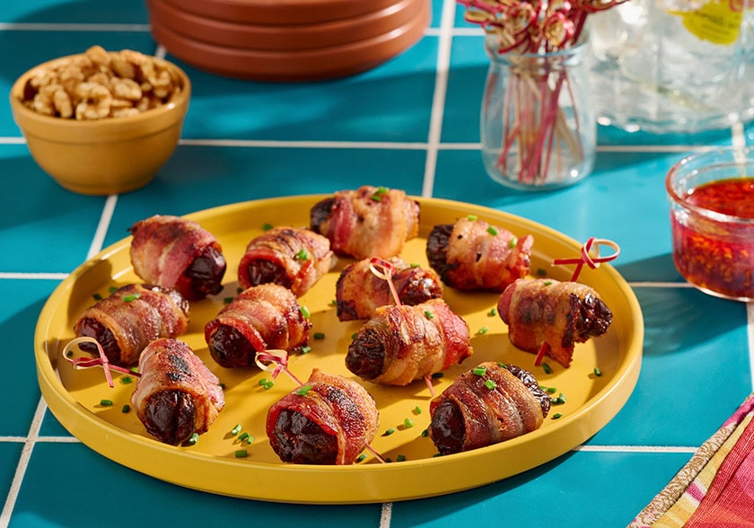 Bacon Wrapped Walnut Stuffed Dates with Maple Chili Glaze