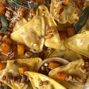 Brown Butter Butternut Squash Ravioli with Maple Rosemary Walnuts