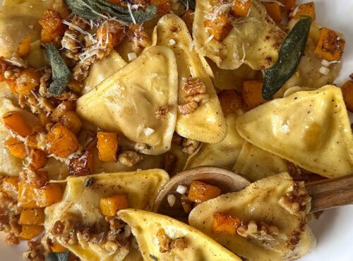 Brown Butter Butternut Squash Ravioli with Maple Rosemary Walnuts