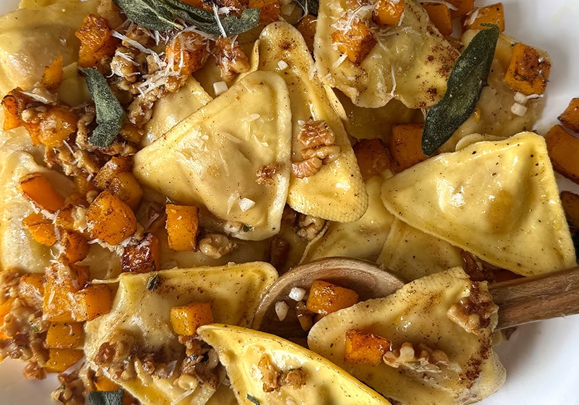 Brown Butter Butternut Squash Ravioli with Maple Rosemary Walnuts